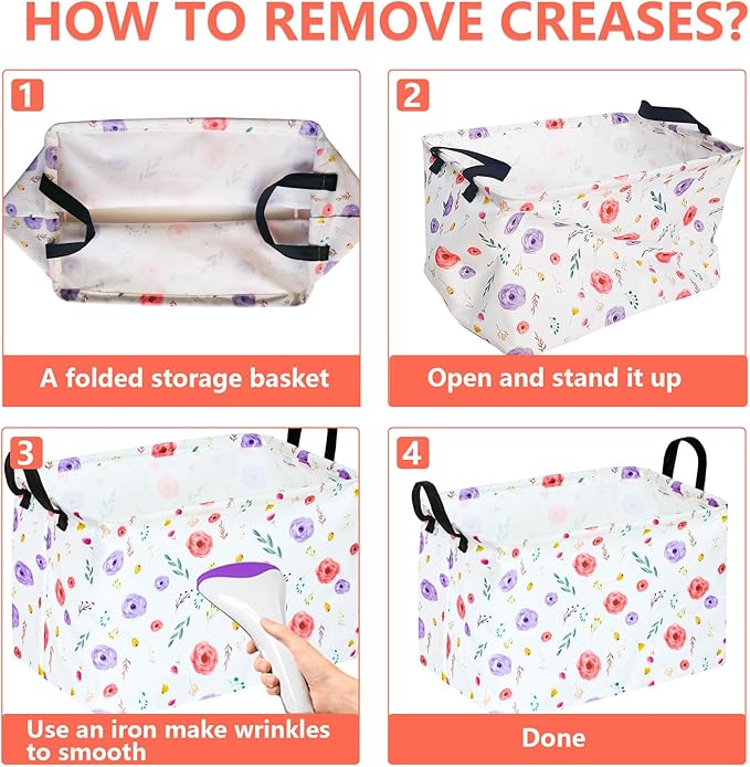 KUNRO Rectangle Flower Patter Storage Basket Gift Shelf Basket Storage Bin, Nursery Basket Organizer Box for With Handles for Room Deco