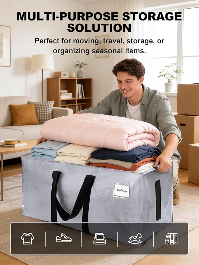 HOMESURE Supports 200lbs Heavy Duty Moving Bags - Strong Zipper & Wrap-Around Handles - Water-Resistant Storage Totes, Durable Alternative to Moving Boxes - 8 Pack - Silver