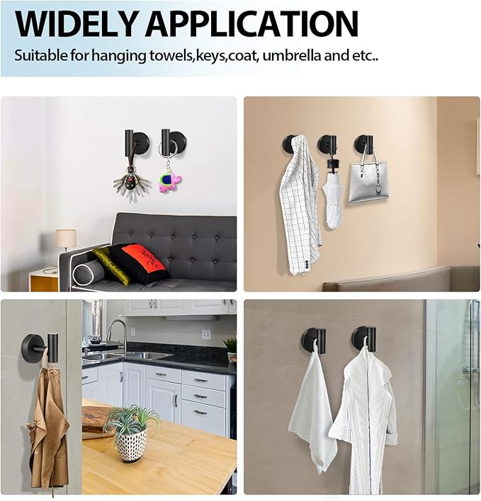 Kruodop Towel Hooks for Bathroom, 4 Packs Wall Mount Towel Holder, Black Matte Wall Robe Hook, Stainless Steel Heavy Duty Door Hanger Towel Hook for Kitchen, Bedroom, Hotel, Pool, Coats - Black