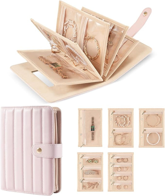 Lolalet Travel Jewelry Organizer Case, Portable Jewlery Storage Book Portfolio Binder with Zipper Velvet Pouch and Built-in Mirror for Women -Pink