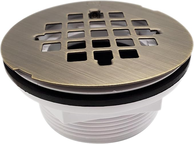 Westbrass A206P-06 2" No-Caulk PVC Compression Shower Drain with 4-1/4" Round Grid Cover, Antique Brass
