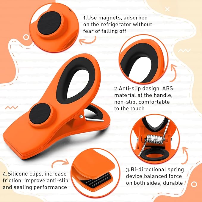 FINDMAG 12 Pack Big Chip Clips, Orange Magnetic Clip for Plants, Edge Clamp, Plastic Snack Clips for Bags, Food Sealing Clip with Magnet for Chips, Snacks, Fridge and Food Organization
