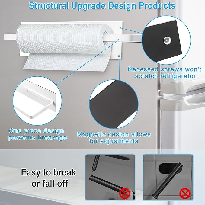 Paper Towel Holder Magnetic, Magnetic Paper Towel Holder for Fridge, Toilet Paper Roll Holder Magnet Towel Rack Wall Mount Shelf Bar for Towels Rolls Bathroom RV Dorm Kitchen Wall Decor, White 2 Pack