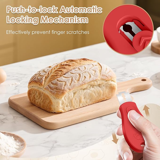 Bread Lame Sourdough Scoring Tool, Extractable & Magnetic Bread Scoring Tool, Scoring Knife for Bread Baking, Bread Razor for Homemade Bread, Sourdough Scorer Tool, Includes 5 Razor Blades-Beige+Red