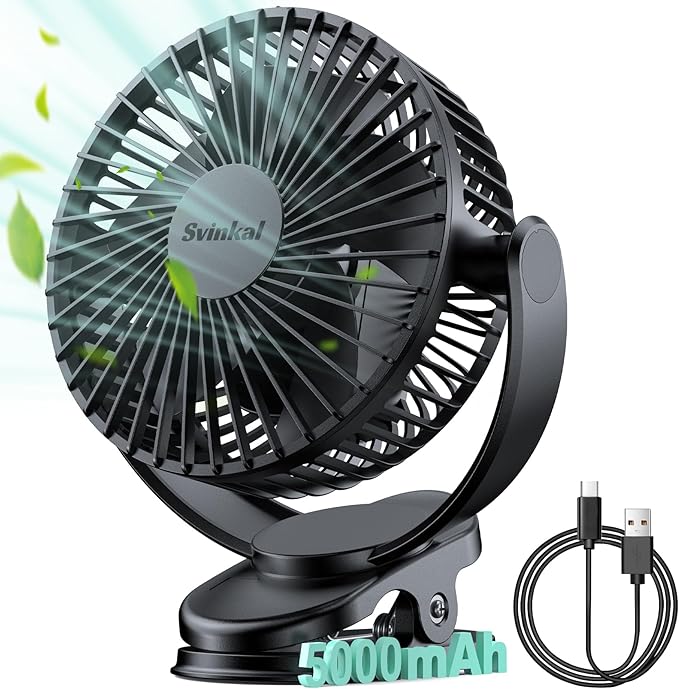 USB Personal Clip on Fan 5000mAh Battery Operated 6in, Type C, 3 Speed, 720° adjustment, Small Portable Fan for Table, Bedroom, Desk, dormitory, Camping, Stroller, Golf Cart