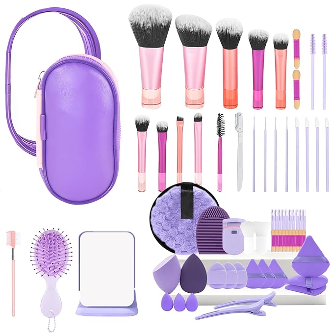 Travel Makeup Brush Set, 77Pcs Mini Makeup Kit Synthetic Foundation Concealers Eye Shadows Brushes Powder Puff with Eyelash Curler Eyebrow Razor Comb Mirror Hair Clips Cosmetic Bag (Purple)