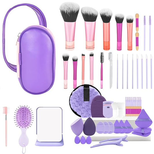 Travel Makeup Brush Set, 77Pcs Mini Makeup Kit Synthetic Foundation Concealers Eye Shadows Brushes Powder Puff with Eyelash Curler Eyebrow Razor Comb Mirror Hair Clips Cosmetic Bag (Purple)