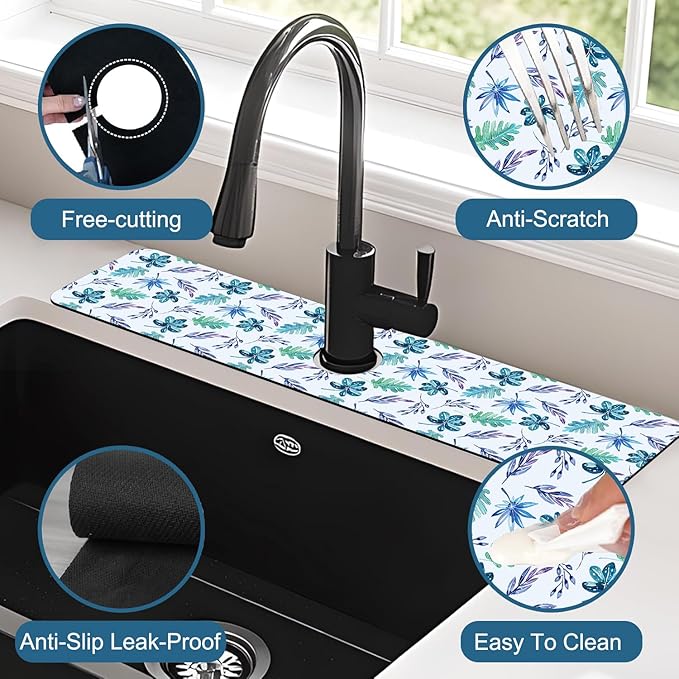 Watercolor Leaves Kitchen Sink Splash Guard Faucet Mat Tropical Leaves Super Absorbent Fast Drying Mat Sink Splash Guard Behind Faucet for Kitchen Bathroom, 23.5"x5.5"