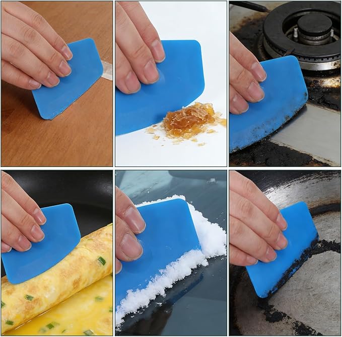 Pan Scraper Tool 5 Pack Plastic Pots Scraper Dish Scrapers for Cast Iron Food Scrapers Tool Non-Scratch Plastic Bowl Scraperes for Cleaning Grease Burnt Food （Blue)