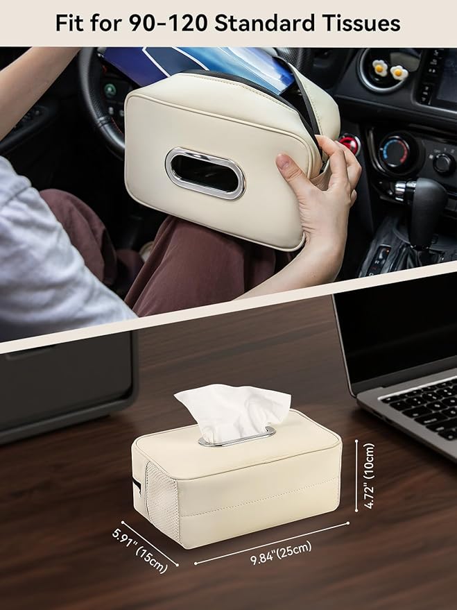 Multi-Functional Car Tissue Holder with 2 Storage Nets, Upgraded PU Leather Tissue Box Cover, Large Rectangle Napkin Organizer, Fits 100-150 Regular Size Tissues, Keeps Car Tidy, Beige