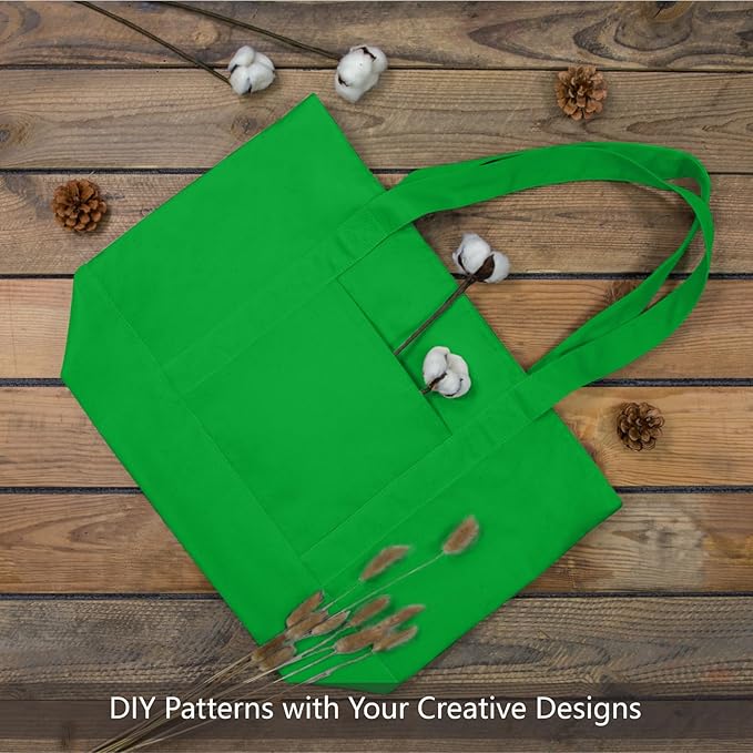 TOPDesign 3-Pack Canvas Tote Bags with an External Pocket, Reusable Grocery Shopping Bags, Top Zipper Closure, Daily Essentials (Lime Green)