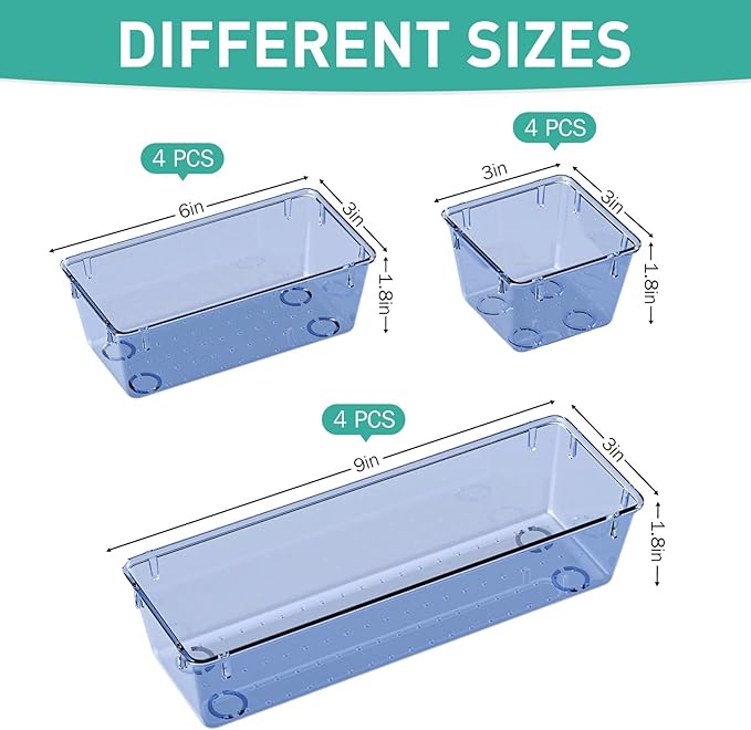 WOWBOX 12 Pack Clear Drawer Organizer Set, Acrylic Drawer Storage Trays, Storage Bins for Makeup, Cosmetics, Jewelries, Utensils, Gadgets, Office, Dark Blue