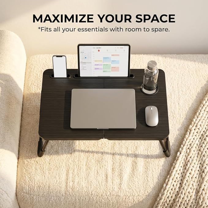 BUYIFY Foldable Laptop Bed Desk for Couch, Sofa - Large Lap Desk Tray Table with Cup Holder and Tablet Slot - Portable Notebook Stand for Eating, Writing, Studying and WFH -NEW-006