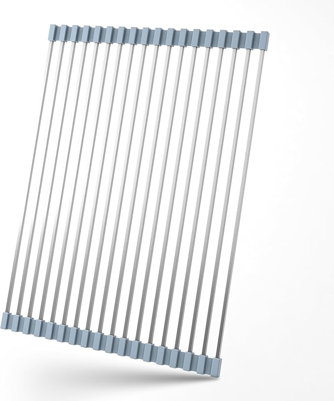 Roll Up Dish Drying Rack Over Sink Silicone Wrapped 304 Square Stainless Steel Dish Drainer Sink Counter Kitchen Home RV Essentials Foldable Sink Organizer,16.93" L×12.91" W,Grey