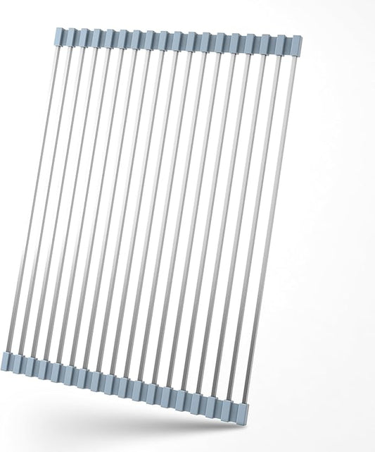 Roll Up Dish Drying Rack Over Sink Silicone Wrapped 304 Square Stainless Steel Dish Drainer Sink Counter Kitchen Home RV Essentials Foldable Sink Organizer,16.93" L×12.91" W,Grey