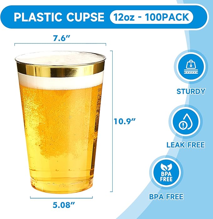 RACETOP 12 oz 100 Pack Disposable Plastic Cups with Gold Rim, Disposable Gold Rim Plastic Cups for Parties, Weddings, Gatherings, and Festival Events