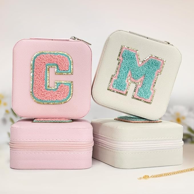 SANDJEST Personalized Jewelry Box, Pink Travel Jewelry Box with Initial C, Small Monogrammed Jewelry Case Organizer for Girls Women Teen Kids, Mini Travel Essentials Gifts for Birthday Christmas