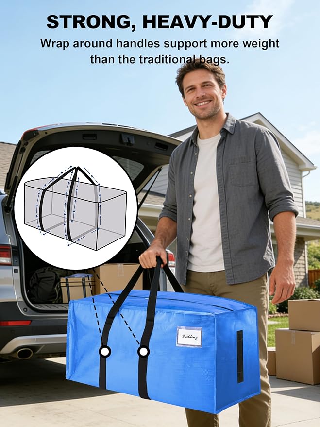 HOMESURE Supports 200lbs Heavy Duty Moving Bags - Strong Zipper & Wrap-Around Handles - Water-Resistant Storage Totes, Durable Alternative to Moving Boxes - 4 Pack - Sky Blue
