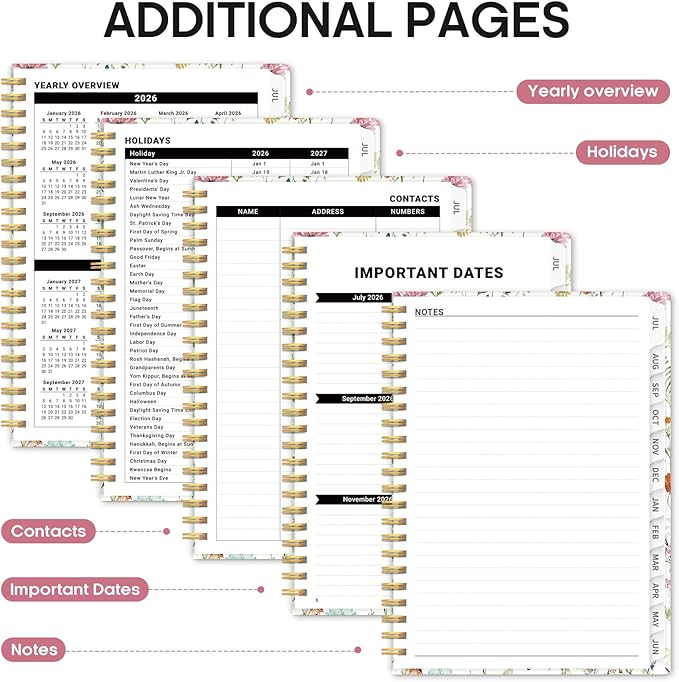 Planner 2026-2027, Academic Year Monthly and Weekly Calendar Planner, Jul 2026 - Jun 2027, Hardcover Teacher Student Planning Agenda book with Tabs, Perfect for School Office Supplies, 6.3" x 8.5" - Wildflowers