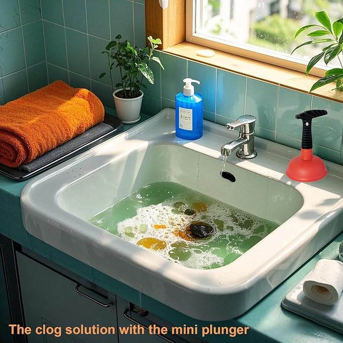 Mini Sink & Drain Plunger with Short Handle - Heavy-Duty Rubber Cup & Ergonomic Grip for Powerful Suction, Unclog Slow Drains in Sinks, Tubs, Showers, Bathrooms, Kitchens, Compact, Space-Saving Design