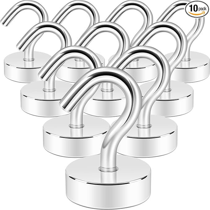 Neosmuk Magnetic Hooks, Cruise Ship Essentials, 30lb+ Heavy Duty Magnetic Hooks for Cruise Cabins, Refrigerator, Grill, Hanging, and Travel | Extra Strong Must-Haves Magnet Hook,Silver,Pack of 10