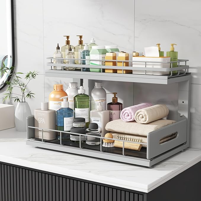 1 Pack 18 IN Depth Under Sink Organizer with Smooth Ball Bearing Slides, 2-Tier Pull Out Cabinet Storage, Slide Out Drawers for Bathroom&Kitchen, Rust-resistant Coating, Height Adjustable - Gun Gray