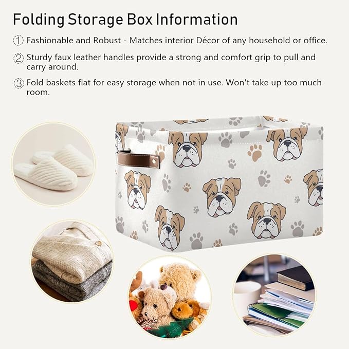 Aslsiy Storage Basket Dog Paws Nursery Bins English Bulldog Baby Box Canvas Clothes Shelf Basket Laundry Hamper Gift Basket for Home Closet 1 Pcs