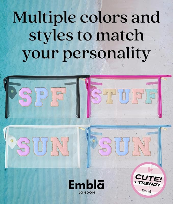 Embla Makeup and Lotion Bag - Waterproof Makeup and Sunscreen Pouch for Travel, Beach, Pool - Clear Zipper Pouch for Sunscreen and Cosmetics Storage, Durable Make Up Organizer for Beach Bag Essentials