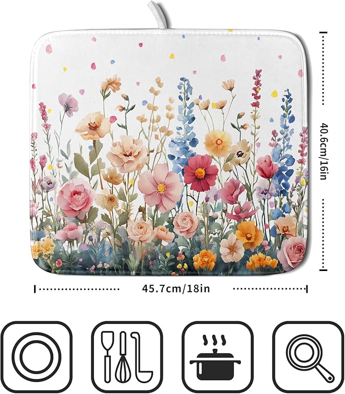 Colorful Flower Dish Drying Mat 16x18 Inch Botanical Floral Drainer Rack Mats Washable Absorbent Dish Dry Pad for Kitchen Counter Sink