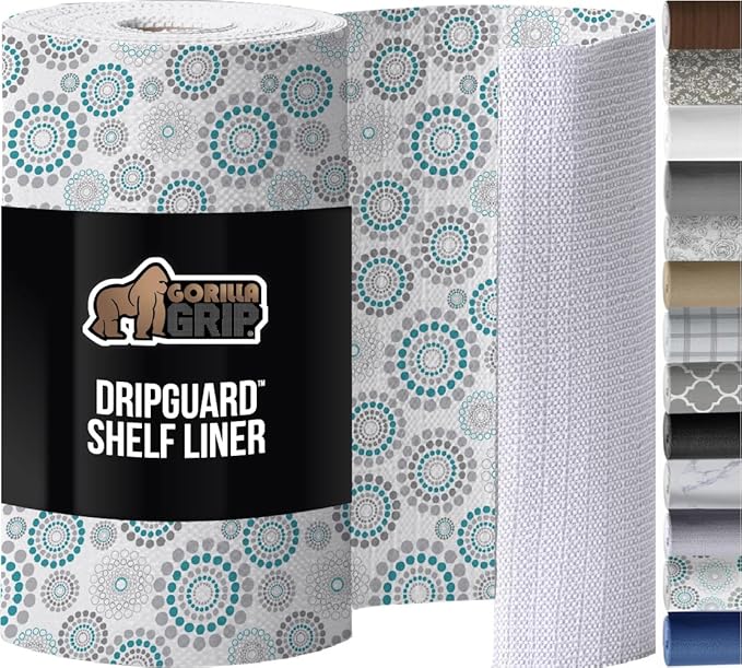 GORILLA GRIP DripGuard Shelf Liner, Non-Adhesive Drawer and Kitchen Cabinet Protector, Strong Grip Slip Resistant Underside, Smooth Surface Liners for Cabinets, Bathroom Closets, 17.5x240 Inch, Spiral