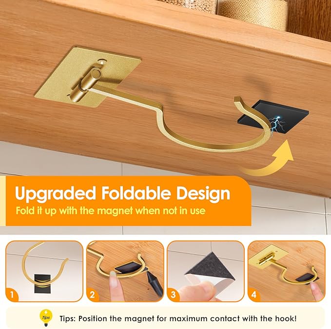 Self Adhesive Banana Hook Under Cabinet Foldable Banana Hanger Metal Under Counter Banana Hook to Keep Bananas Fresh Banana Holder for Kitchen RV Space Saving, Golden
