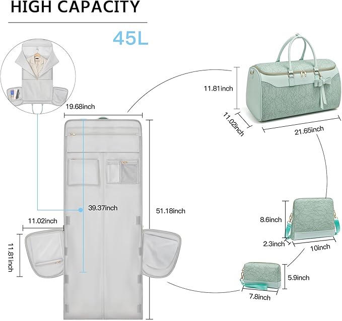 Garment Bags for Travel, 45L Carry-on Convertible Garment Duffle Bag for Men Women - 3-in-1 Hanging Suit Travel Bag with Shoulder Strap (Light Cyan)