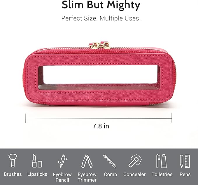 Aveniee Clear Makeup Brush Bag, Slim Brush Holder Cosmetic Case, Small Travel Toiletry Bag for Women, Thin Make up Bags with Dual Zipper, Cute Travel Essentials Srorage Bag,Hotpink