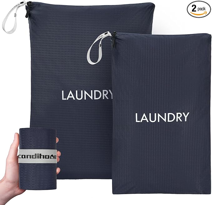 Travel Laundry Bag (2 Pcs - Large + Small) - Foldable Waterproof Washable Wet Dry Bag for Gym, Swimming, Yoga, and Workout Perfect for Dirty Clothes, Bathing Suits, Travel Accessories - Navy Blue