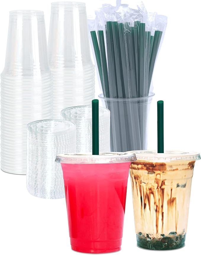 Cappatua 16 oz Clear Plastic Cups with Lids and STRAWS, Disposable Drinking Cups for Cold Drinks, Iced Coffee, Milkshakes, Smoothies, 25 Sets