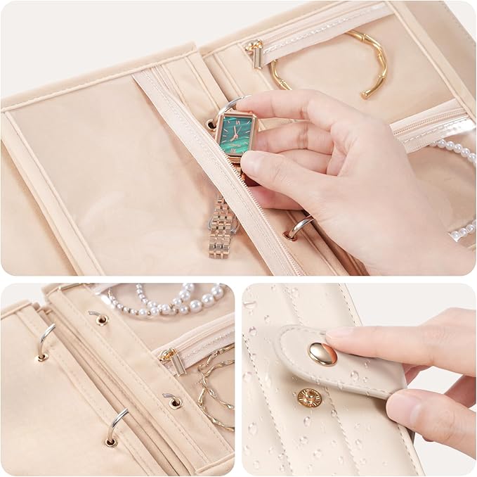 Lolalet Travel Jewelry Organizer Case, Portable Jewelry Storage Book Portfolio Binder with Zipper Velvet Pouch and Built-in Mirror for Women -Beige