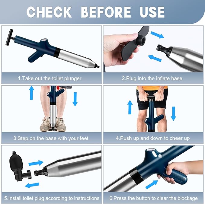 High Pressure Toilet Plunge, Power Toilet Plunger Drain Clog Remover, Multi-Drain Unclogger For Toilets, Bathroom, Sink, Floor & Kitchen Clogs, Stainless Steel Design With Real-Time Pressure Gauge