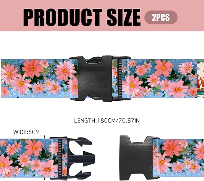Nuxovilar Luggage Straps of 2 Set Pink Flowers Pattern, 1.96x90.5 inches - Luggage Straps for Suitcases, Fit for Summer Travel, Beach Trips, Daily Use