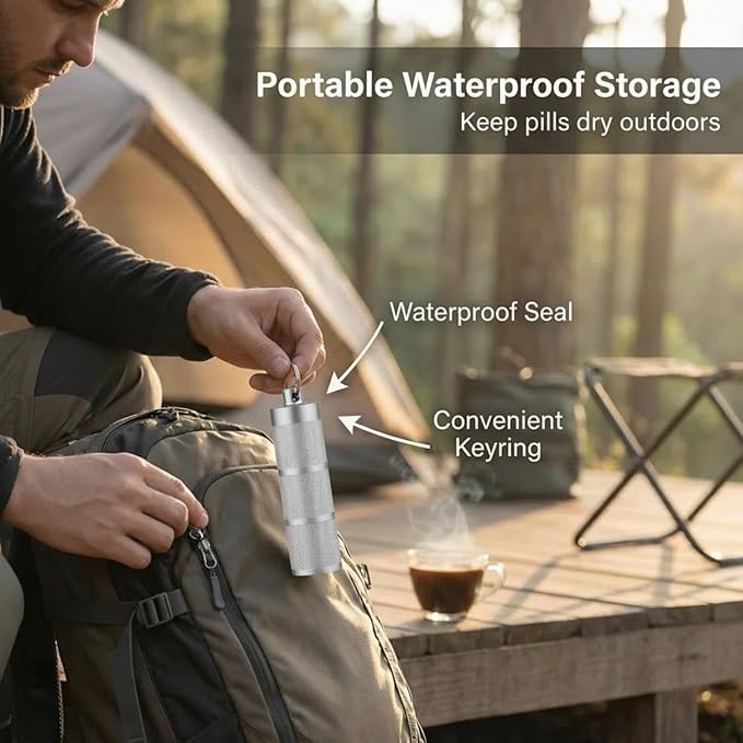 Waterproof Keychain Pill Holder - Compact, Portable, and Secure Pill Box with 3 Compartments - Pocket-Sized Pill Case and Container for Daily Medication on The Go, Sliver