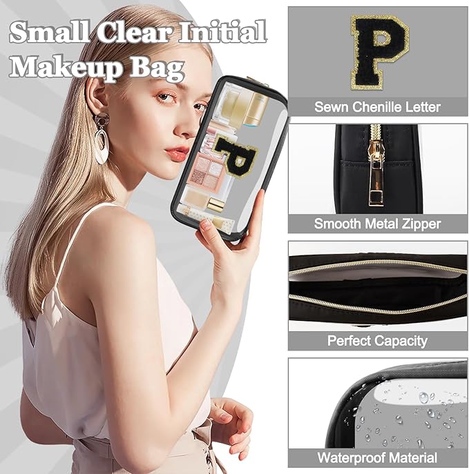 Small Clear Personalized Initial Makeup Bag, Preppy Nylon A-Z Chenille Letter Patch Makeup Organizer TSA Approved Travel Toiletry Bag,Waterproof Zip Beach Cosmetic Pouch Purse for Women(Black-Black P)
