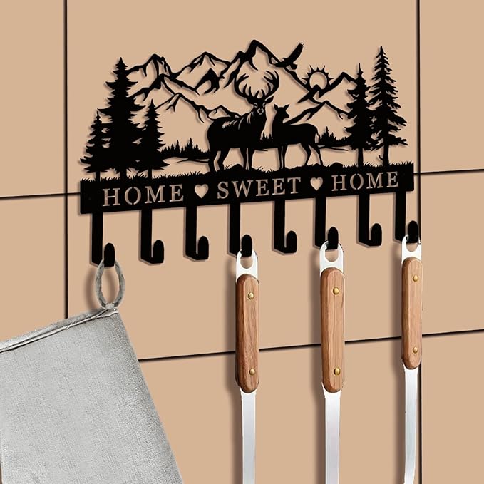 Deer Metal Key Holder for Wall, 14.5" X 9.2", Key Hooks for Wall Organizer, Key Rack, Forest Theme Coat Hat Towel Hooks, Ideal for Living Room, Hallway, Office