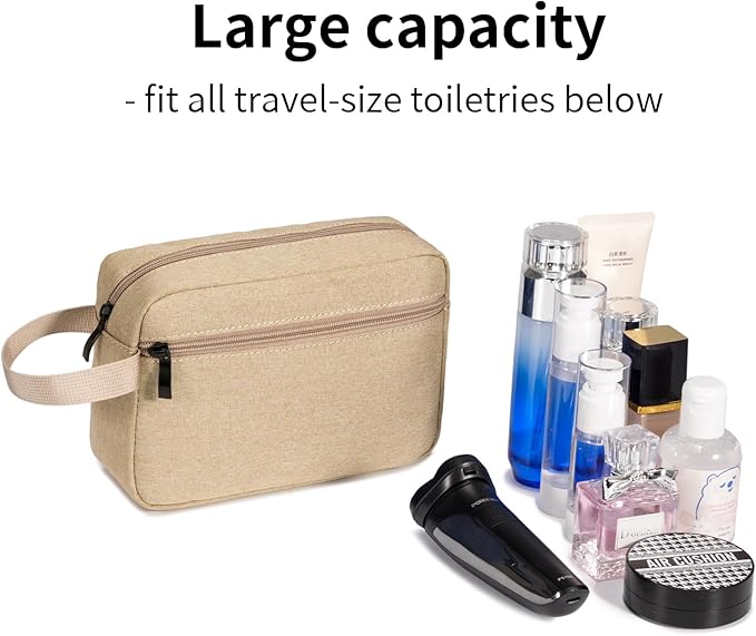 Travel Toiletry Bag, Small Cosmetic Bag, Hanging Water-Resistant Organizer for Men & Women, Ideal for Makeup, Shaving Kit, Gym Essentials & Travel Accessories (Khaki)