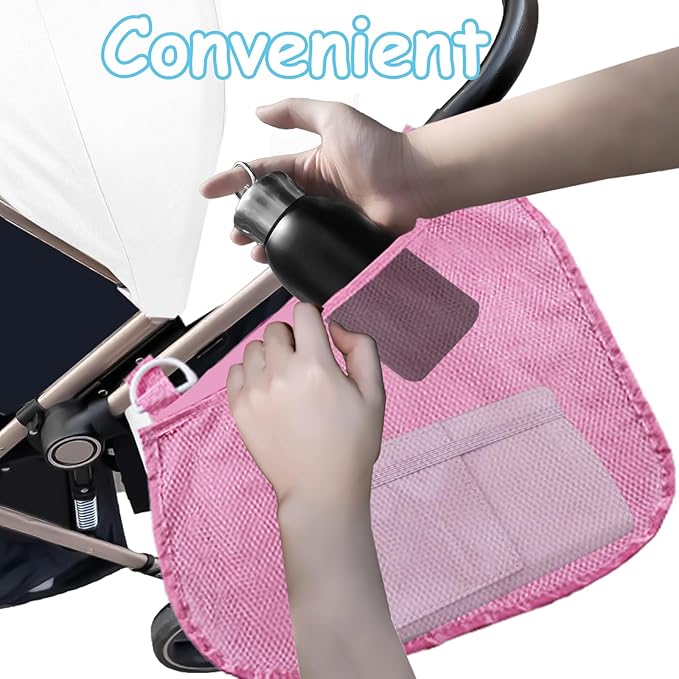 2 Pack Universal Side Sling Stroller Organizer with Mesh Cargo Net,Adjustable and Non-Slip Stroller Storage Bags, Portable Side Sling Stroller Cargo Net for Baby Accessories(Pink)