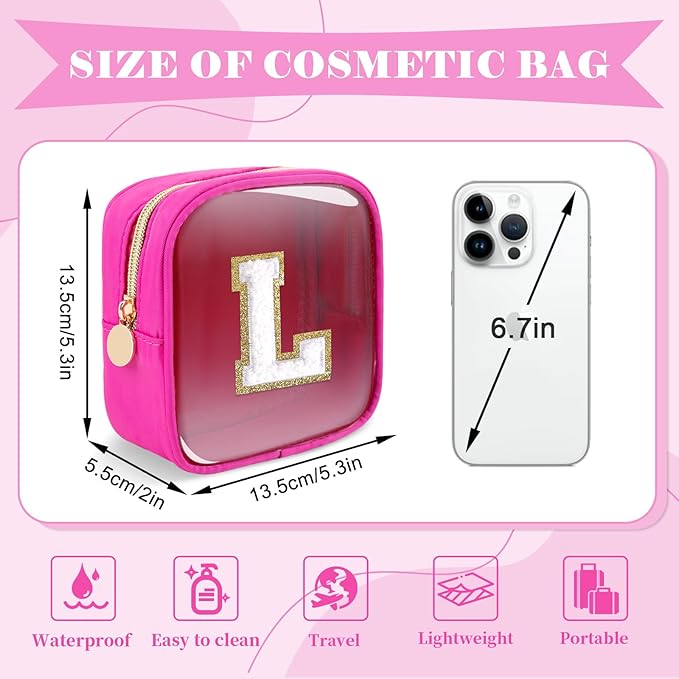 Personalized Initial Letter Clear Preppy Makeup Bag, Mini Nylon Chenille Letter Cosmetic Bag Cute Zipper Pouch Coin Purse for Teen Girls, Portable TSA Approved Travel Essentials Bag Gift for Women, L