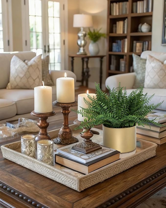 13.5" Small Fake Plant Fern Potted Artificial Plants Fake Fern for Shelf Home Bathroom Office Decor(Gold Mental Pot)