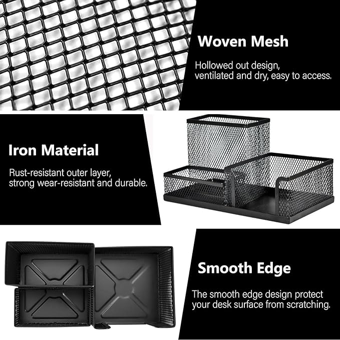 2 Pcs Metal Pen Organizer for Desk with 3 Compartments, Office Desktop Organizer Pencil Cup Caddy for Stationery Marker Storage School Home Supplies(Black，Silver (Black)
