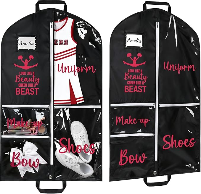 DEEKA Cheer Garment Bag for Hanging Clothes with Zipper Pockets Cheer Accessories Mom Essentials Uniform Costume 40 Inch Black Bags Stuff for Cheerleading Girls (Black,Red-Cheer Quote)