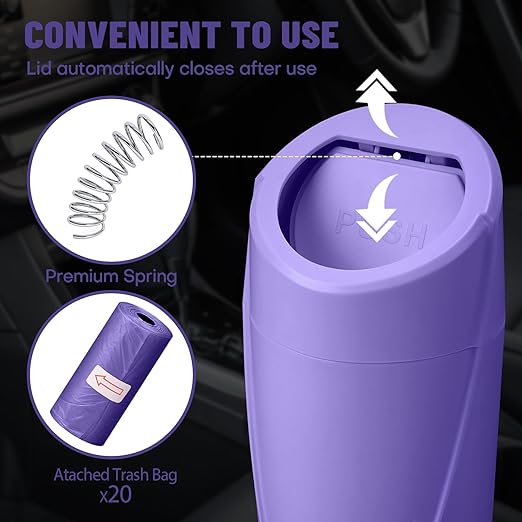 SGLRT Car Trash Can Bin with Lid - Car Garbage Can Cup Holder - Purple Mini Leakproof Vehicle Garbage Bin with 20pcs Trash Bags-Automotive Organizers and Storage for Front Back Seat Accessories