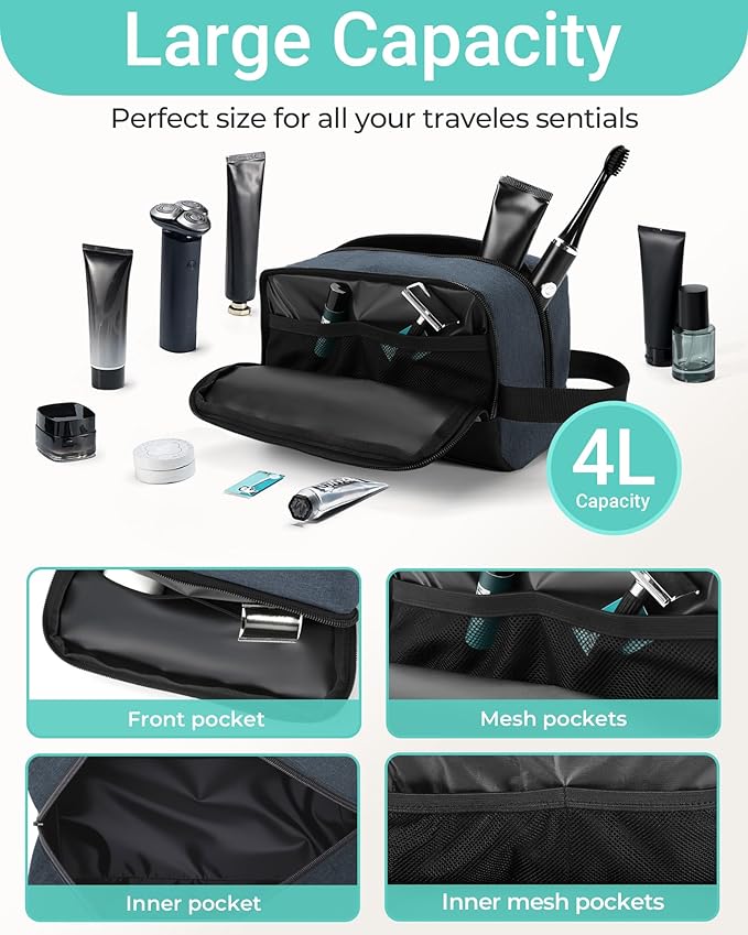 Elviros Travel Toiletry Bag for Men Hanging Dopp Kit Shaving Bag Toiletries Organizer Small Tool Medicine Hygiene Bag for Traveling Pouch(Blue&Black,Large)