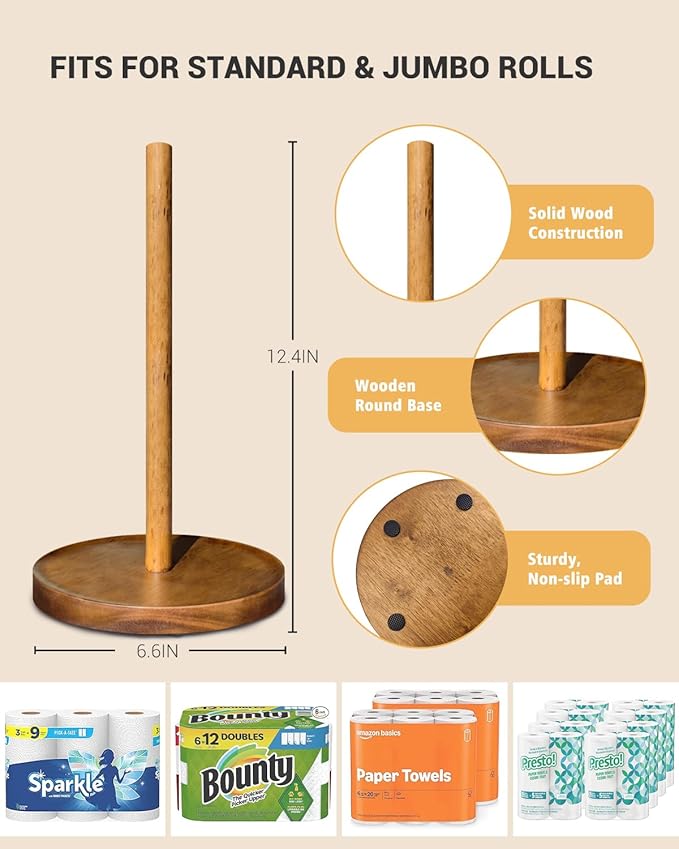 NESAPTO Paper Towel Holder Countertop, Wooden Standing Paper Towel Roll Stand for Rustic Farmhouse & Cottagecore Decor, Kitchen Bathroom Essential, Brown